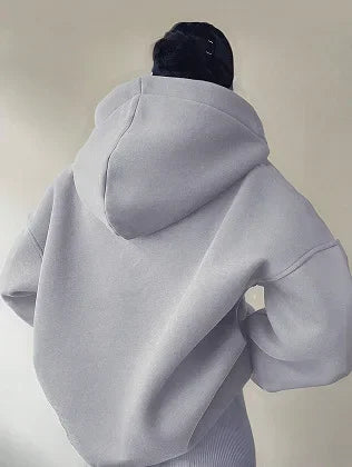 Signature Oversized Notch Neck Fleece Hoodie in Light Grey – view 3
