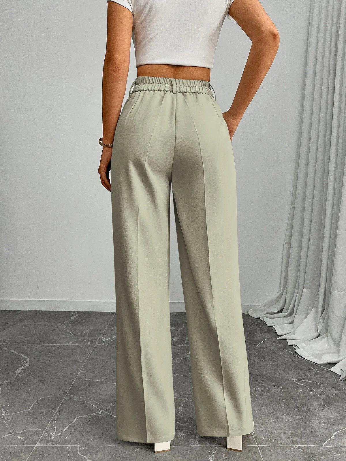 Pleat-Front Palazzo Trousers in Sage – view 3