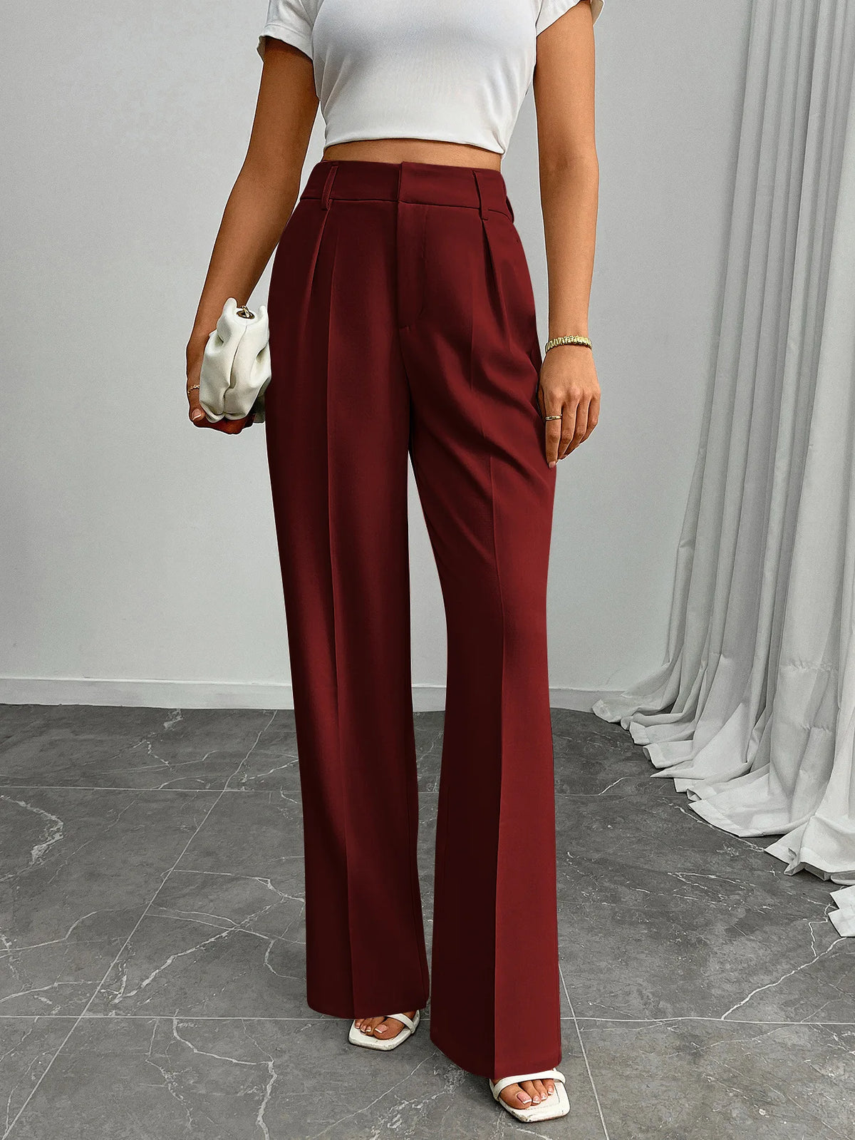 Pleat-Front Palazzo Trousers in Burgundy – view 2