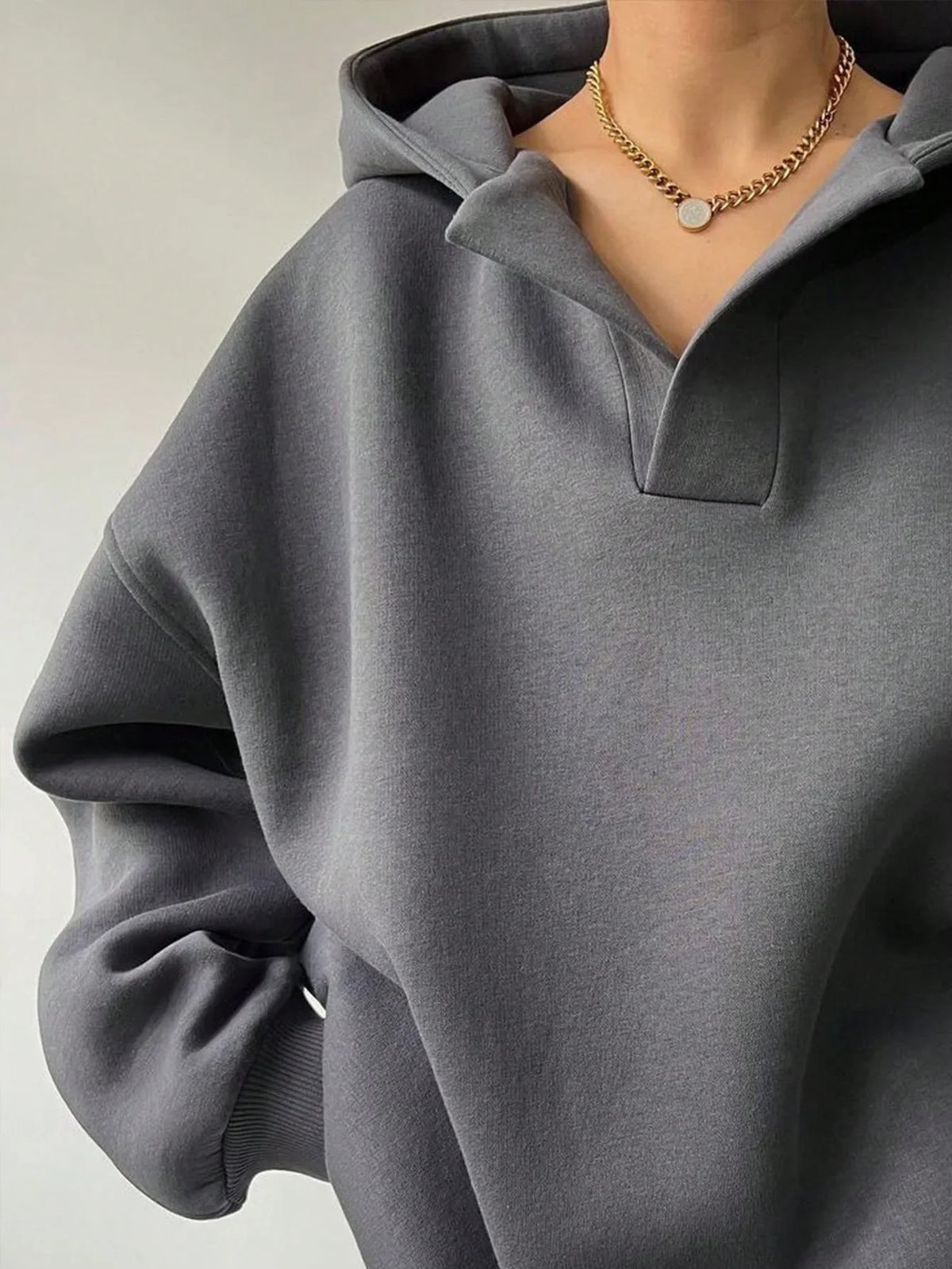 Signature Oversized Notch Neck Fleece Hoodie in Charcoal – view 2
