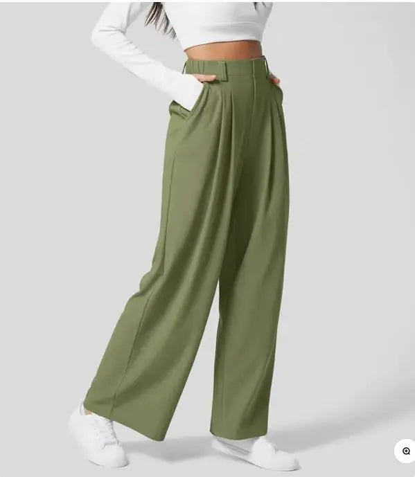 Classic Pleated High Waist Wide Leg Trousers in Olive