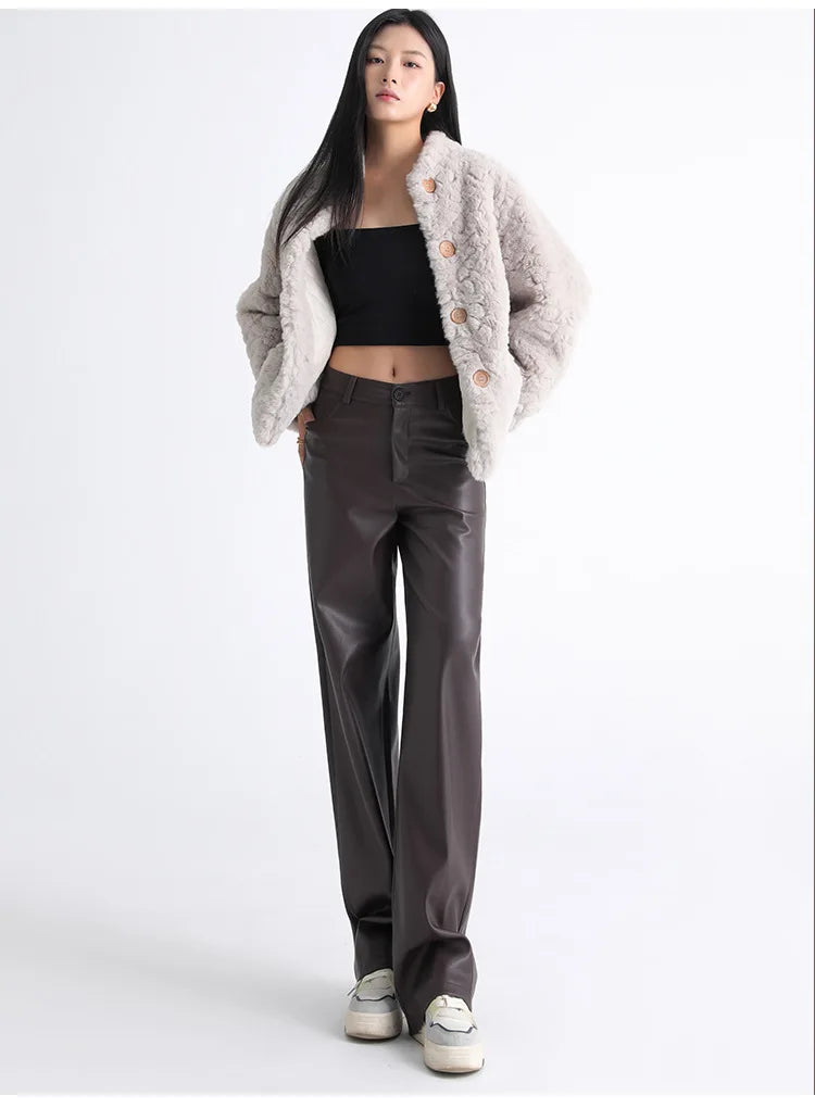 Fleece-Lined Faux Leather Straight Leg Trousers – view 7