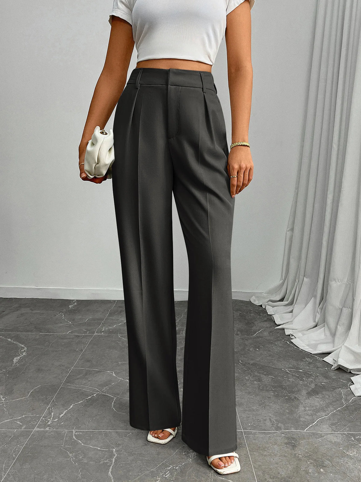 Pleat-Front Palazzo Trousers in Charcoal – view 3