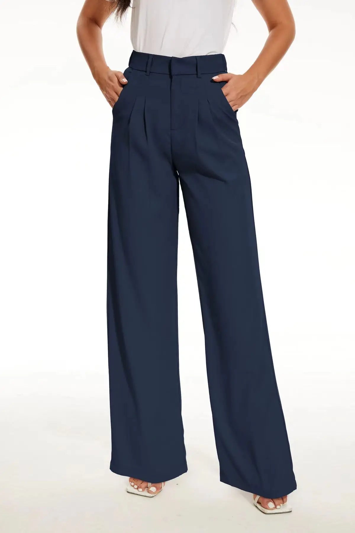 Classic Pleated High Waist Wide Leg Trousers in Navy
