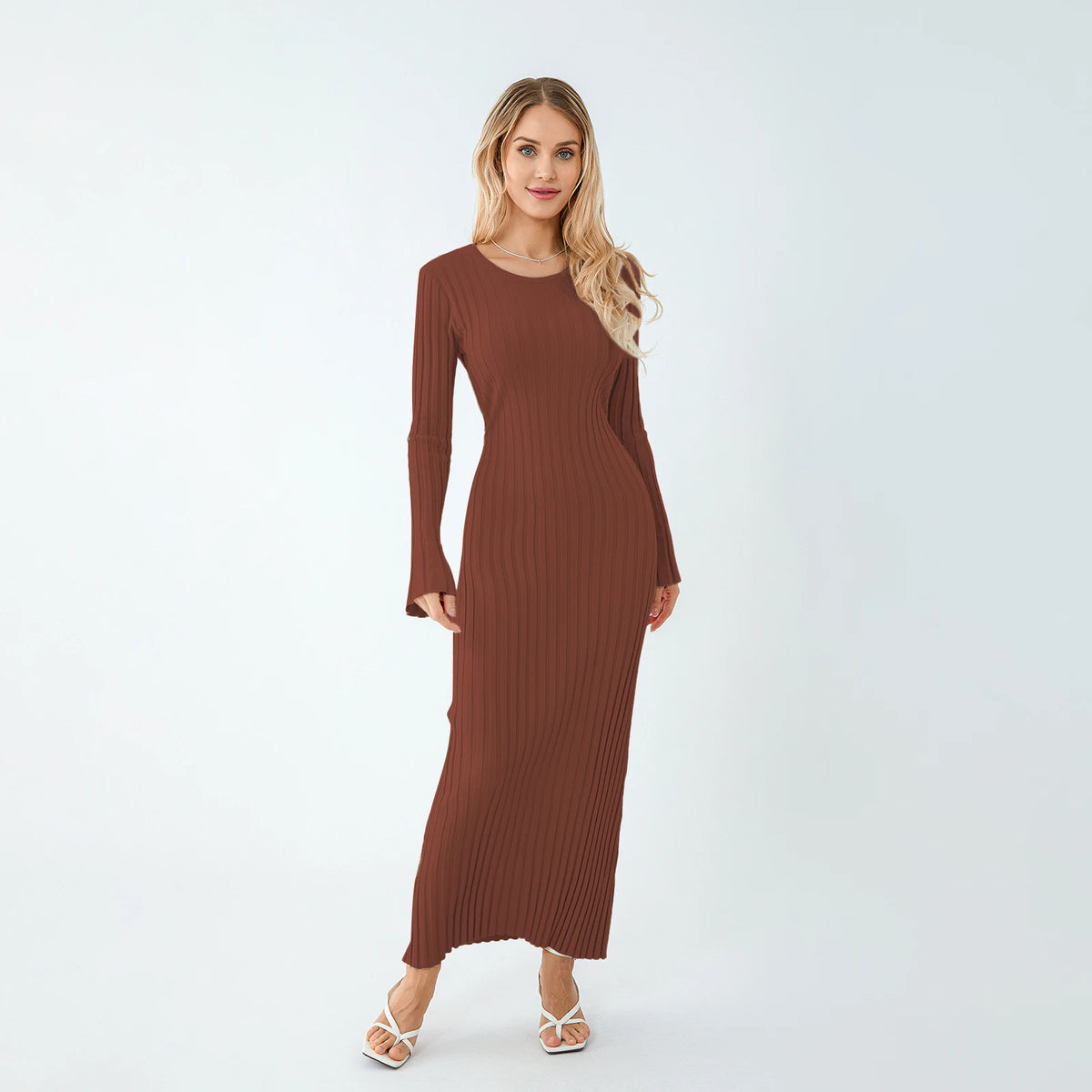 Classic Ribbed Knit Lace-Up Back Maxi Dress in Rust