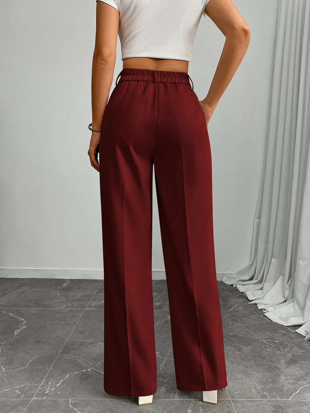 Pleat-Front Palazzo Trousers in Burgundy – view 3