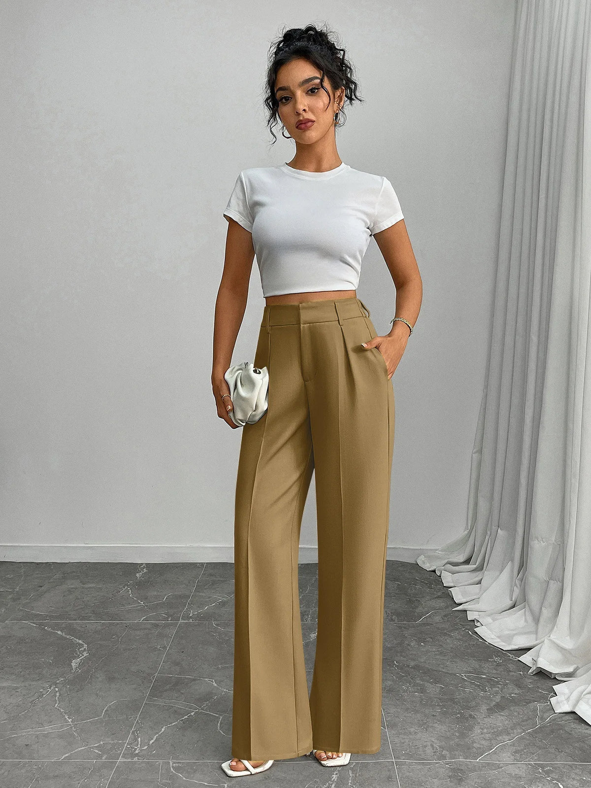 Pleat-Front Palazzo Trousers in Khaki – view 6