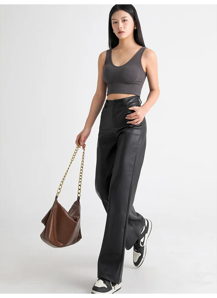 Fleece-Lined Faux Leather Straight Leg Trousers – view 9