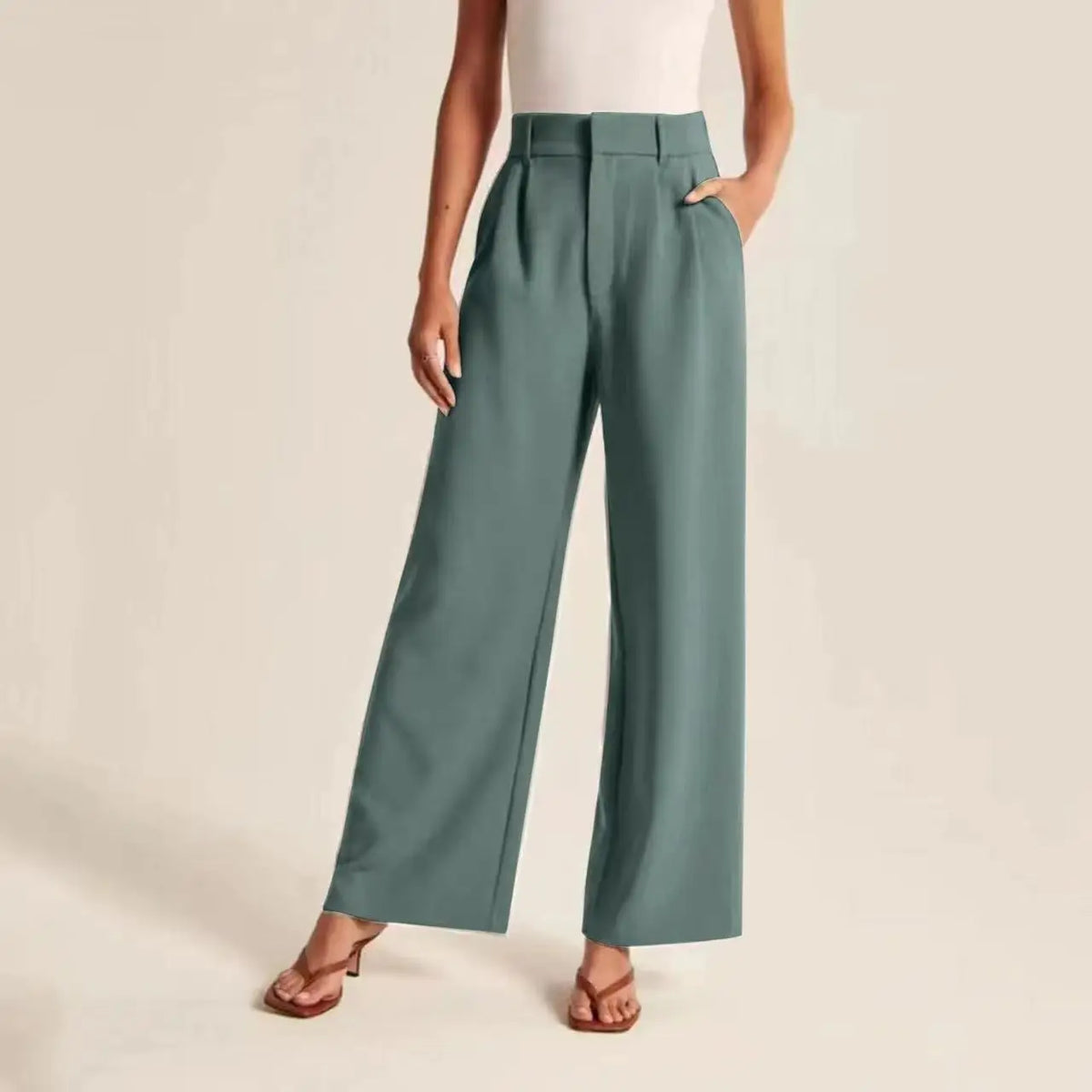 Classic Pleated High Waist Wide Leg Trousers in Sea Green