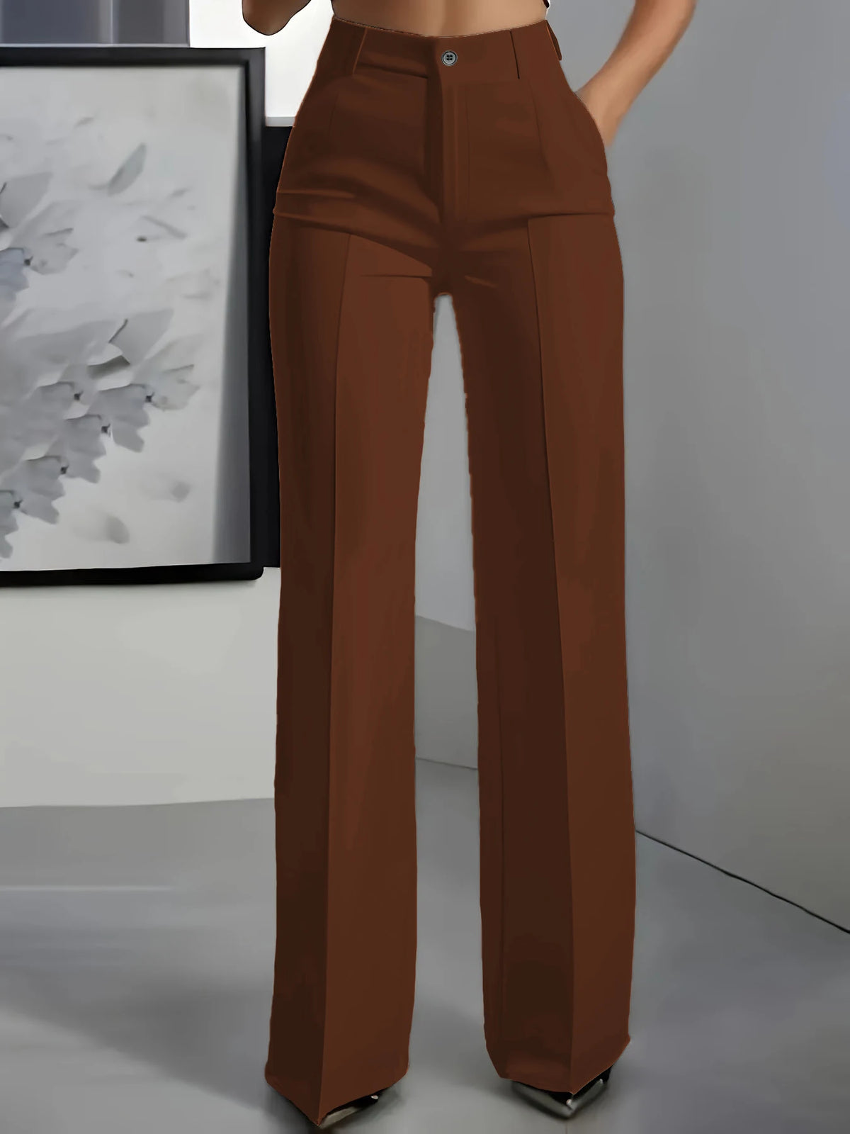 Essential High Waist Tailored Straight Leg Trousers in Brown