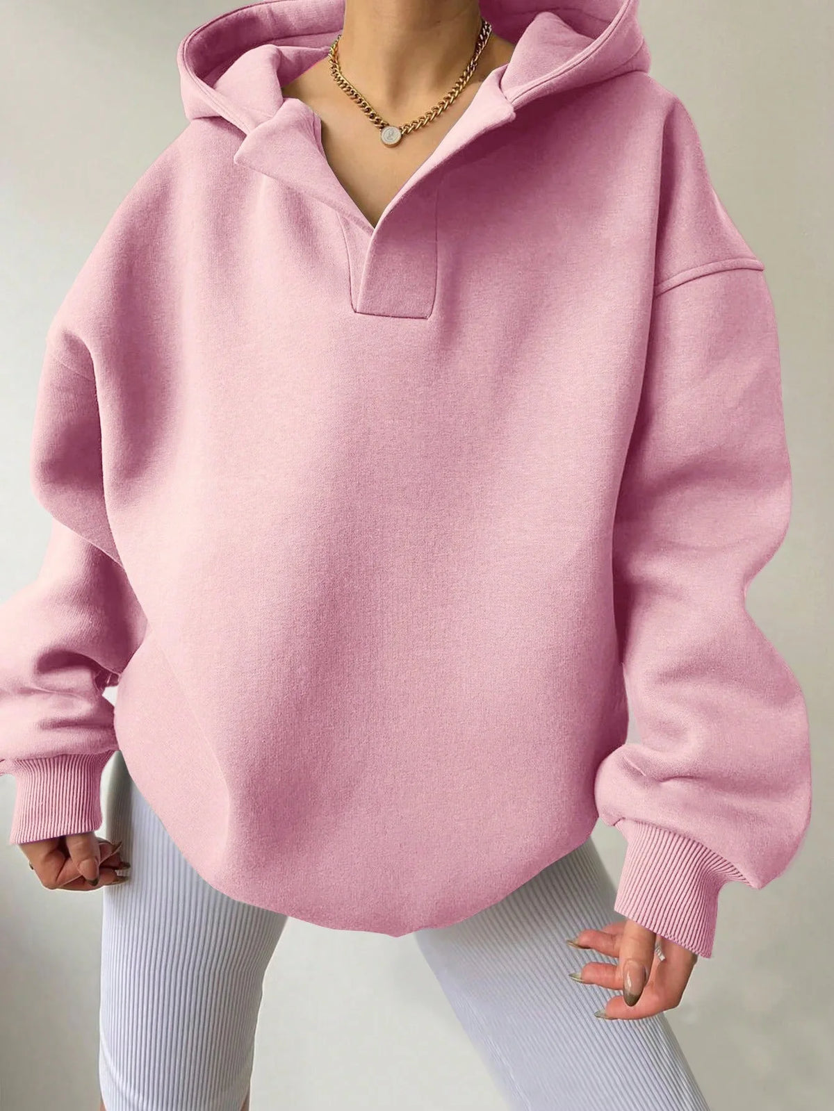 Signature Oversized Notch Neck Fleece Hoodie in Pink