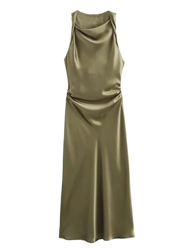 Signature Satin Cowl Neck Ruched Maxi Dress in Olive – view 2
