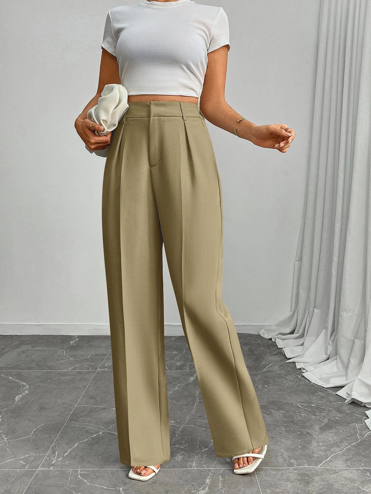Pleat-Front Palazzo Trousers in Moss – view 5