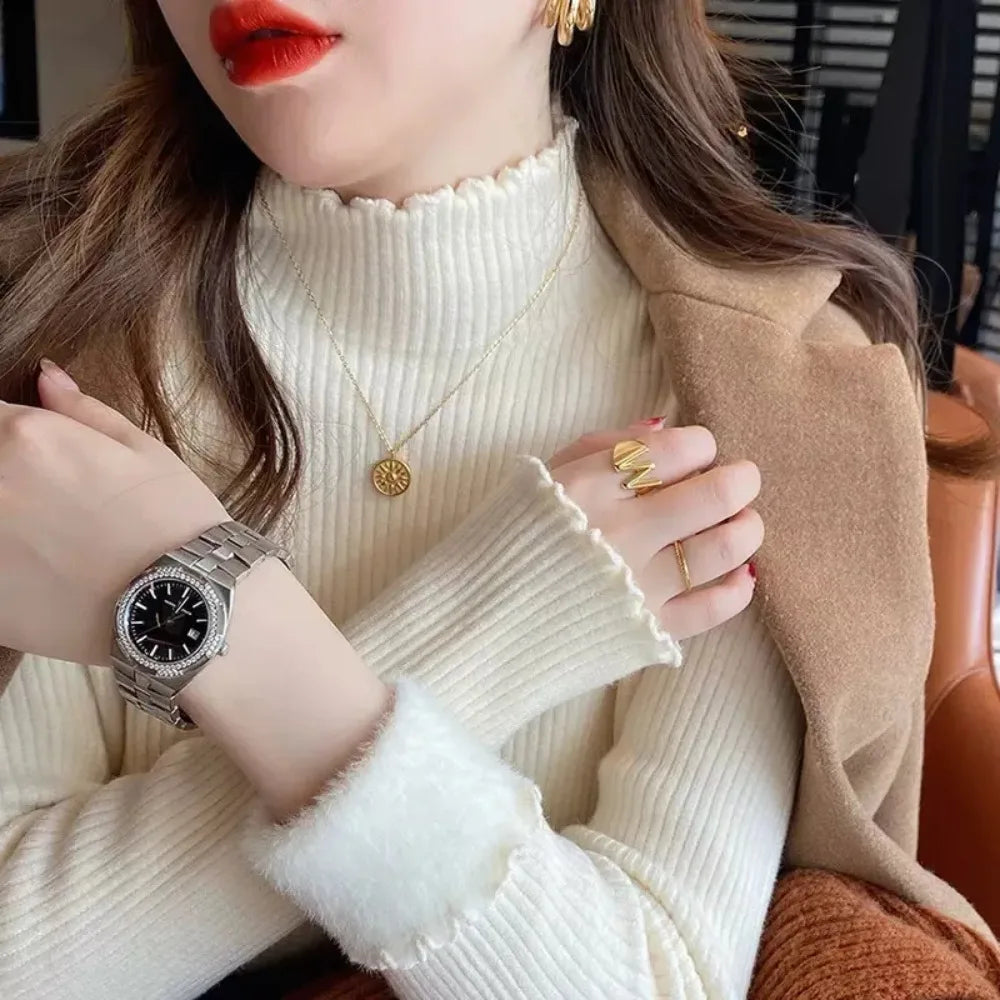Essential Ruffle Mock Neck Fleece-Lined Sweater in White