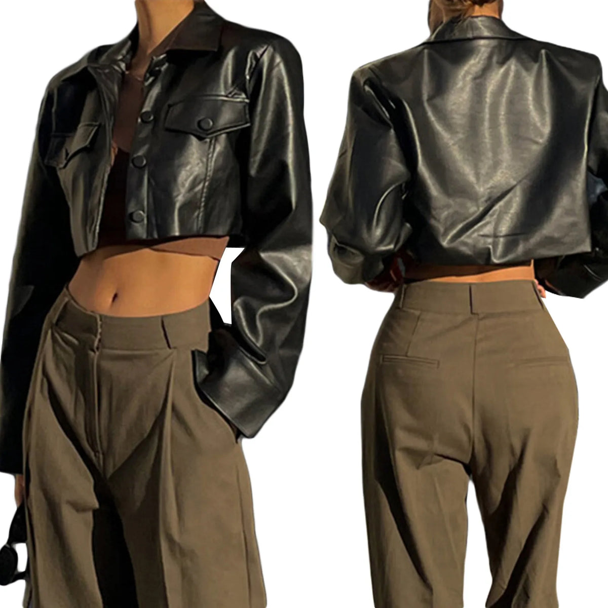 Essential Cropped Faux Leather Button-Up Jacket – view 10