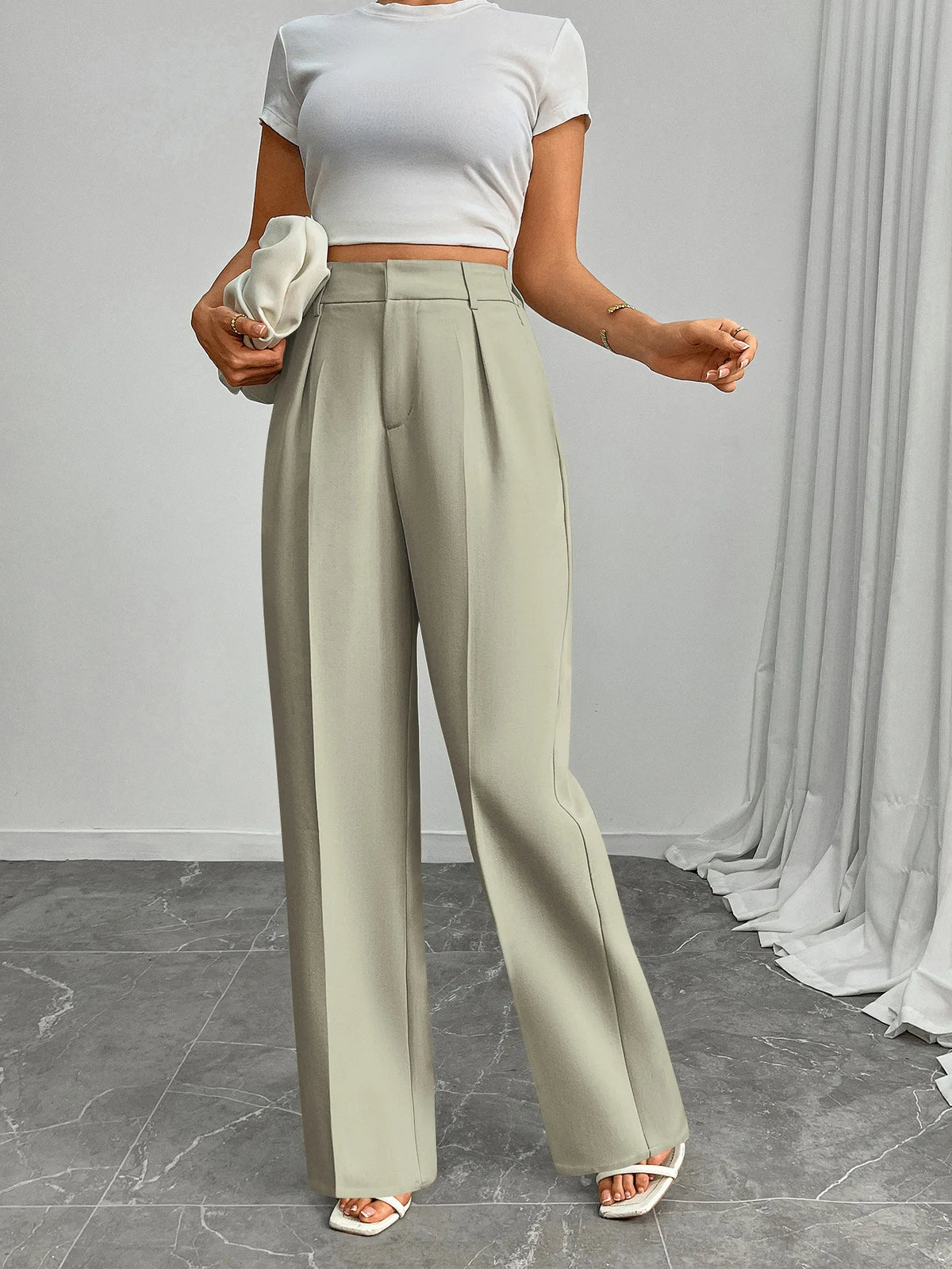Pleat-Front Palazzo Trousers in Sage – view 6