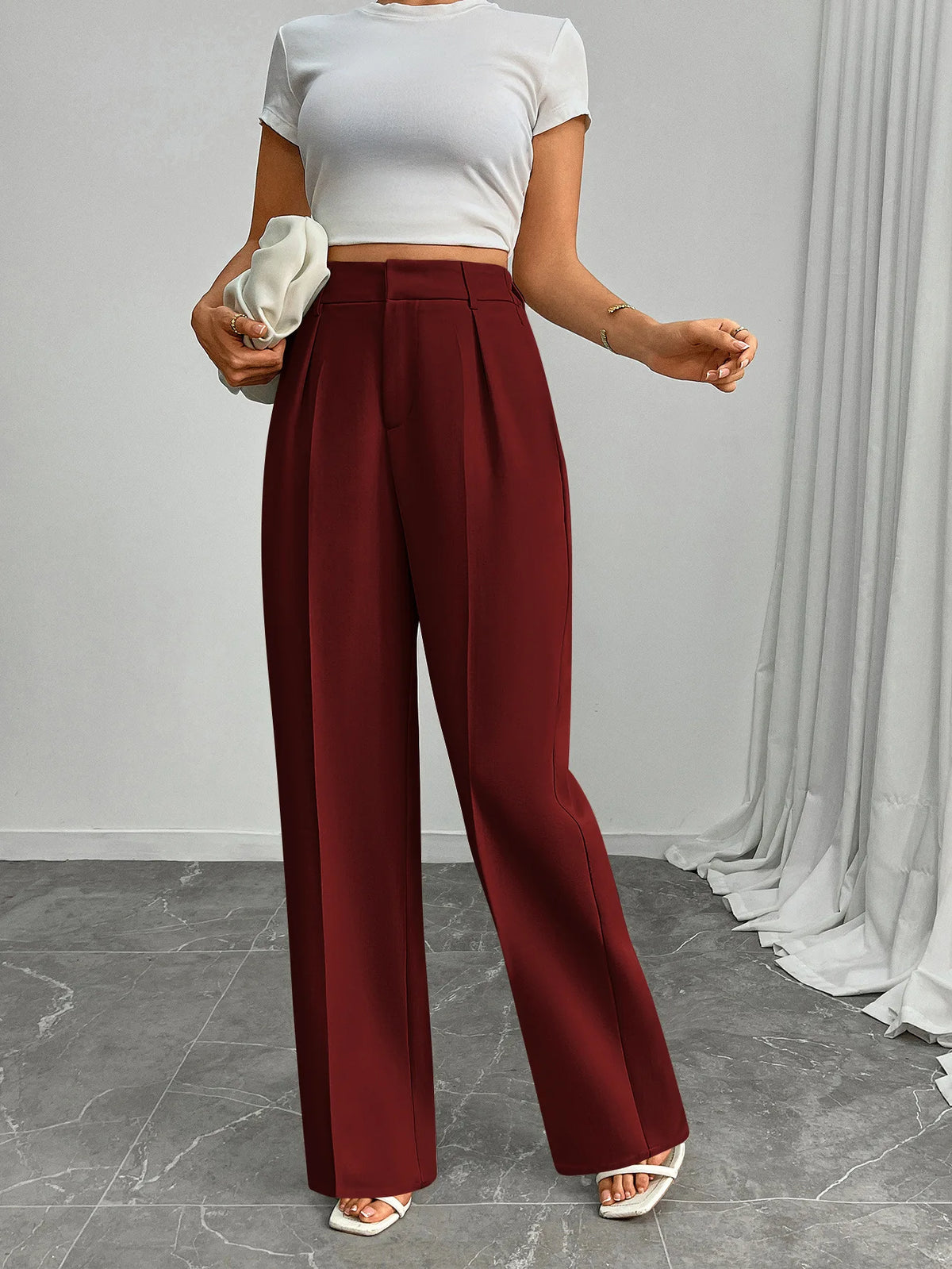 Pleat-Front Palazzo Trousers in Burgundy – view 5