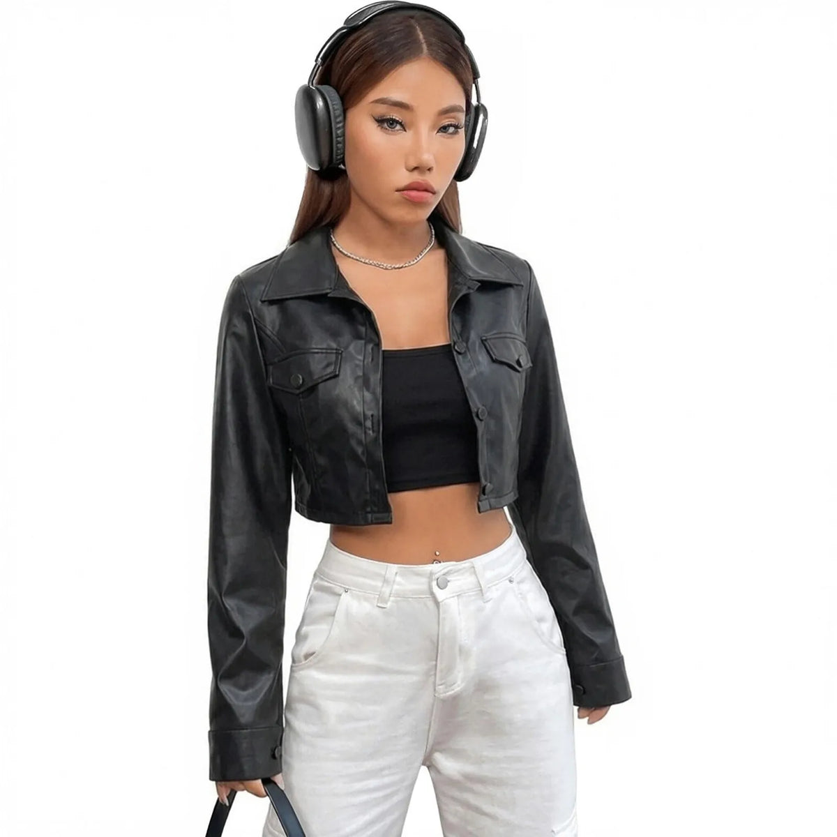 Essential Cropped Faux Leather Button-Up Jacket – view 2