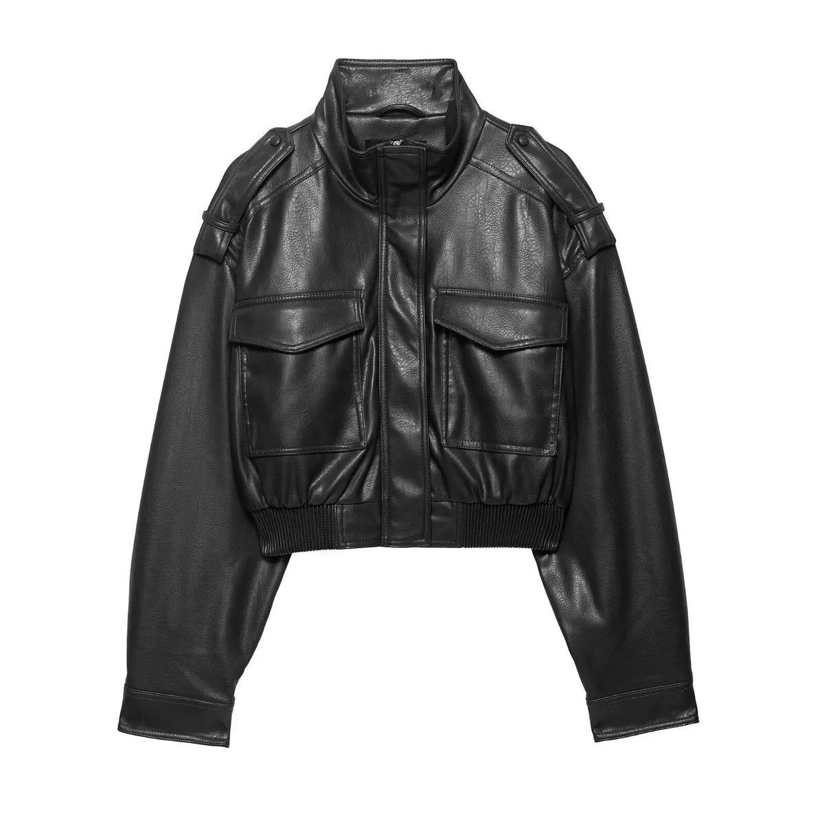 Classic Cropped Faux Leather Utility Jacket in Black