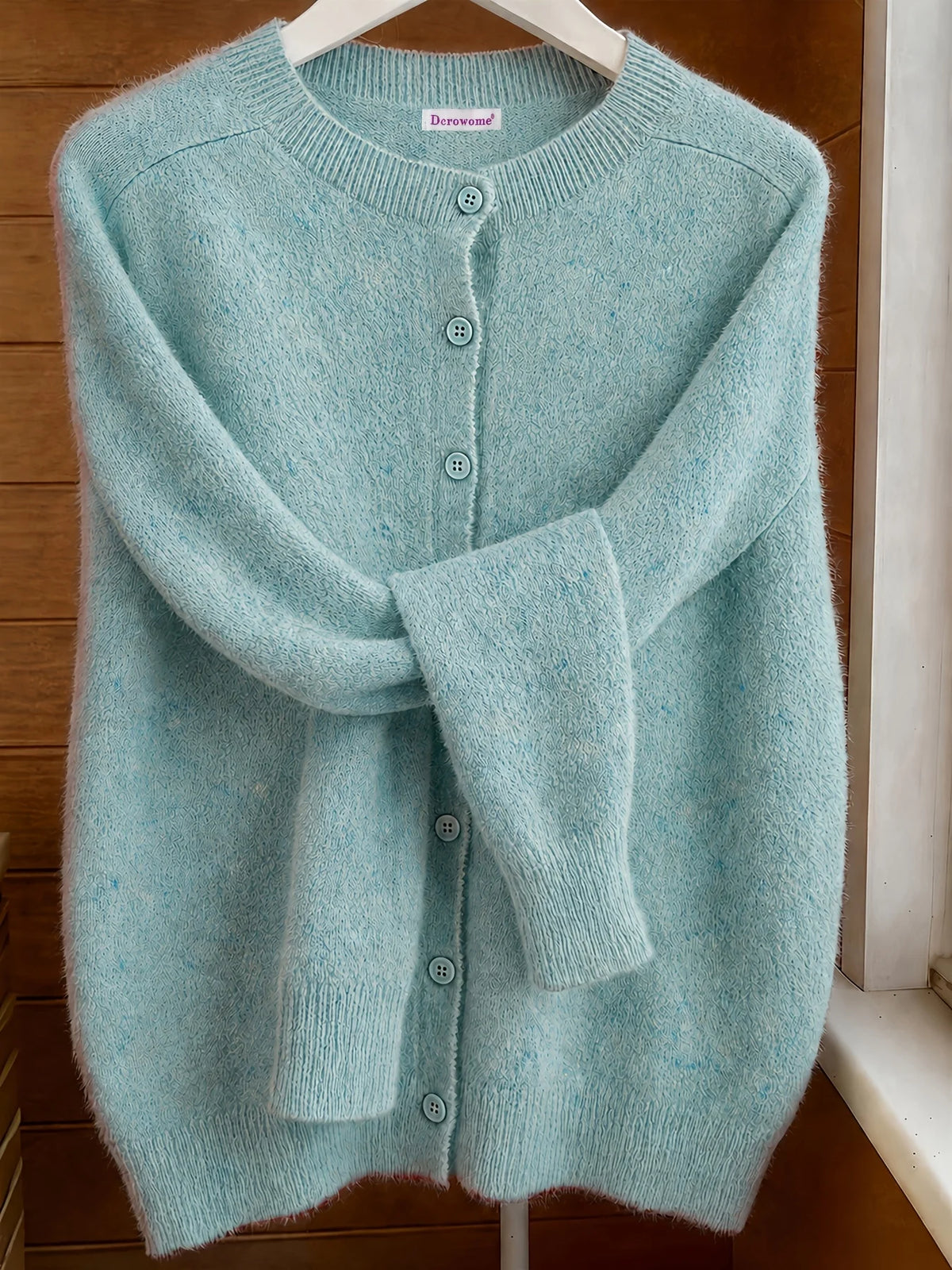 Classic Soft Knit Crew Neck Button Cardigan in Mint – view 2