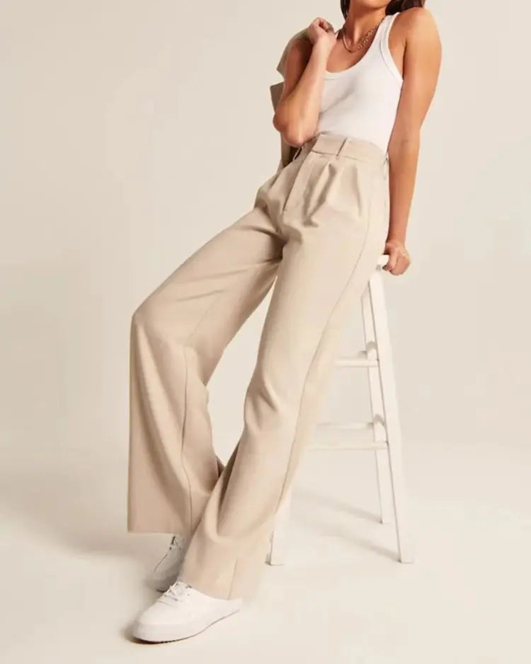 Classic Pleated High Waist Wide Leg Trousers in Sand
