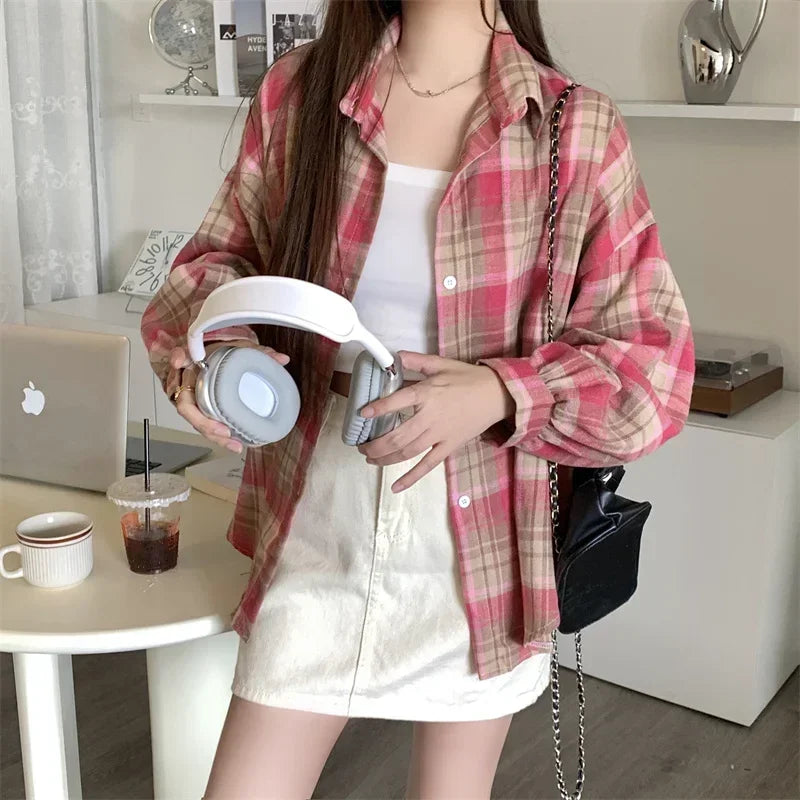 Essential Oversized Plaid Flannel Shirt in Pink Plaid