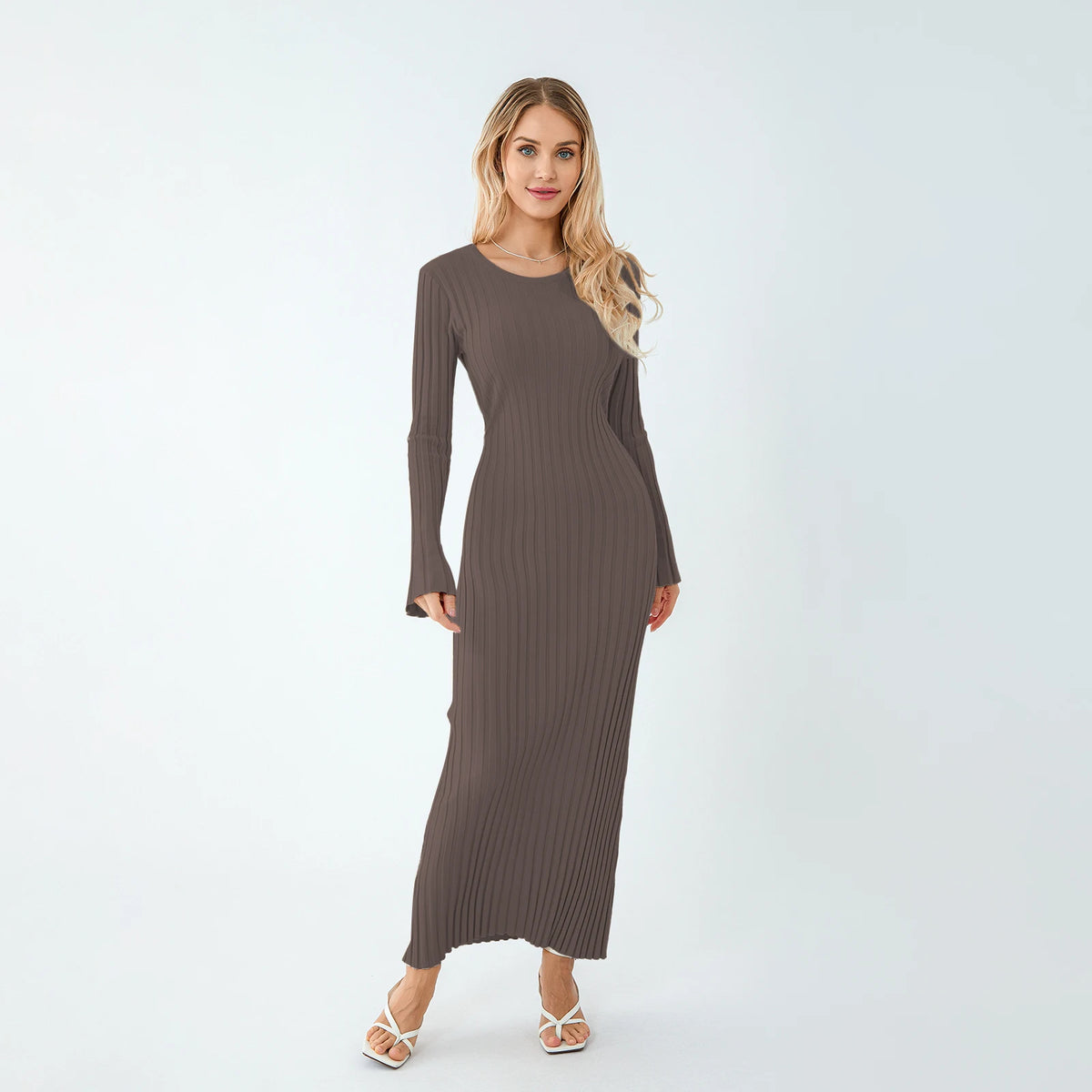 Classic Ribbed Knit Lace-Up Back Maxi Dress in Mocha