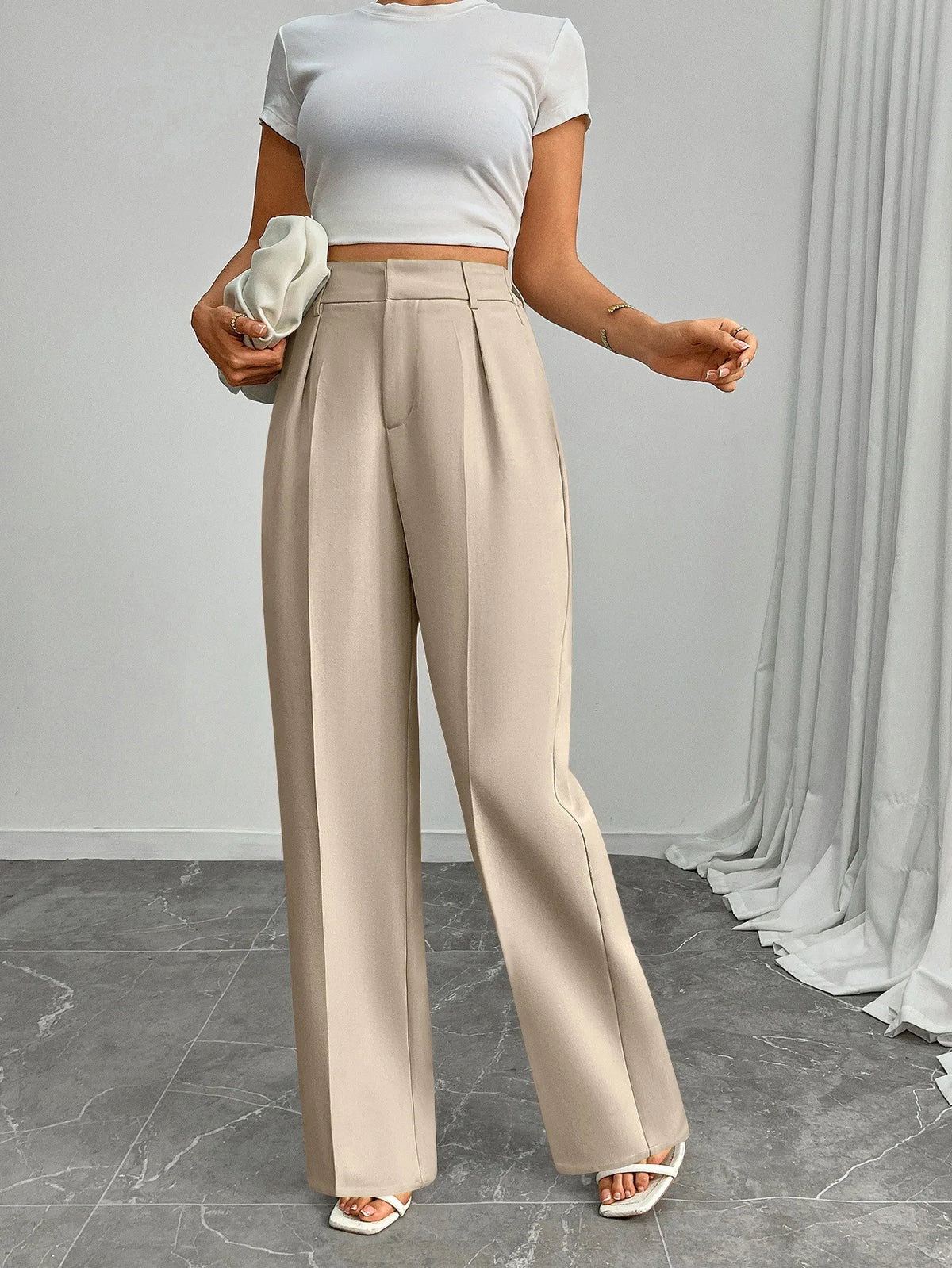 Pleat-Front Palazzo Trousers in Cream – view 6