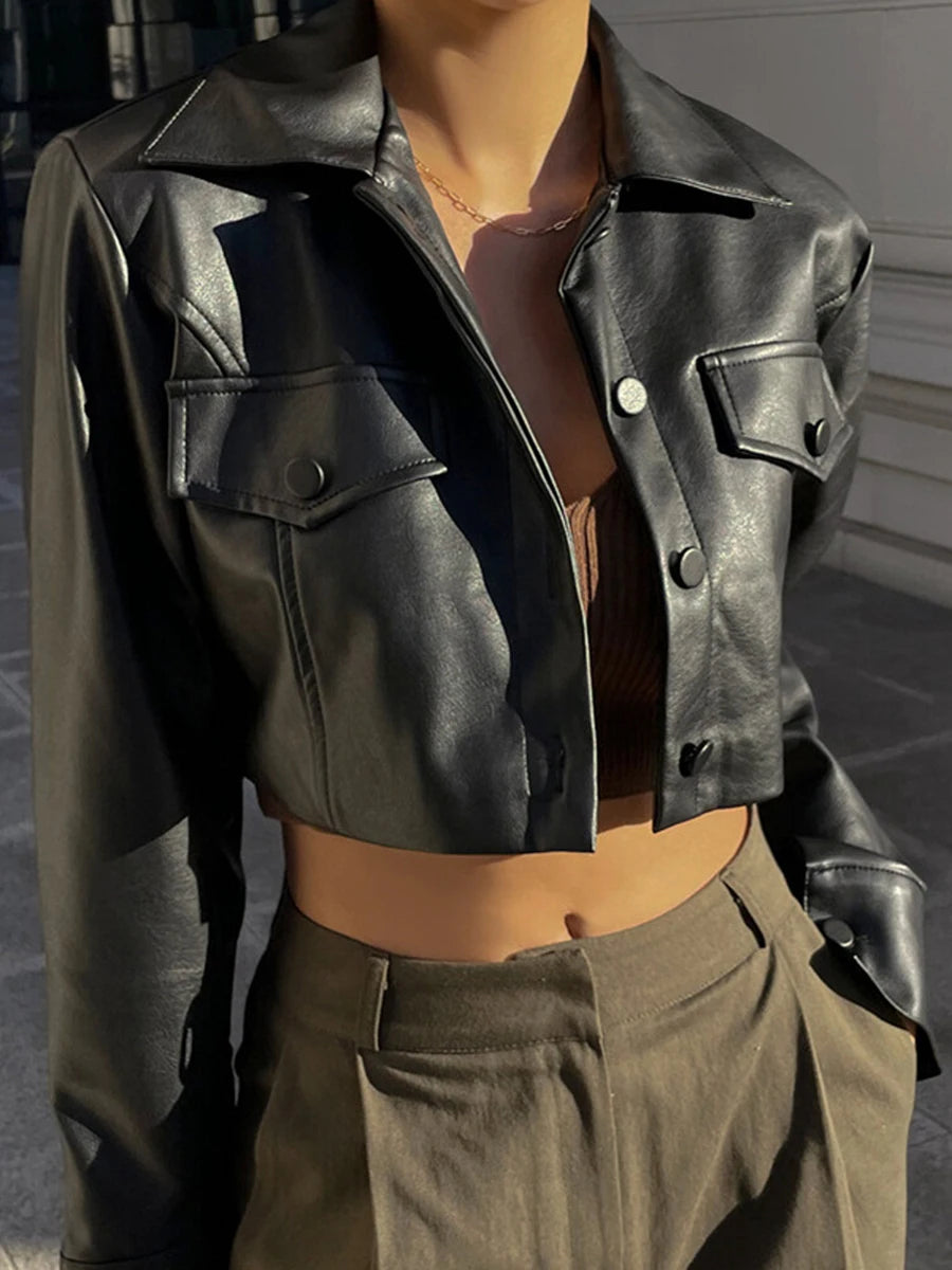 Essential Cropped Faux Leather Button-Up Jacket in Black