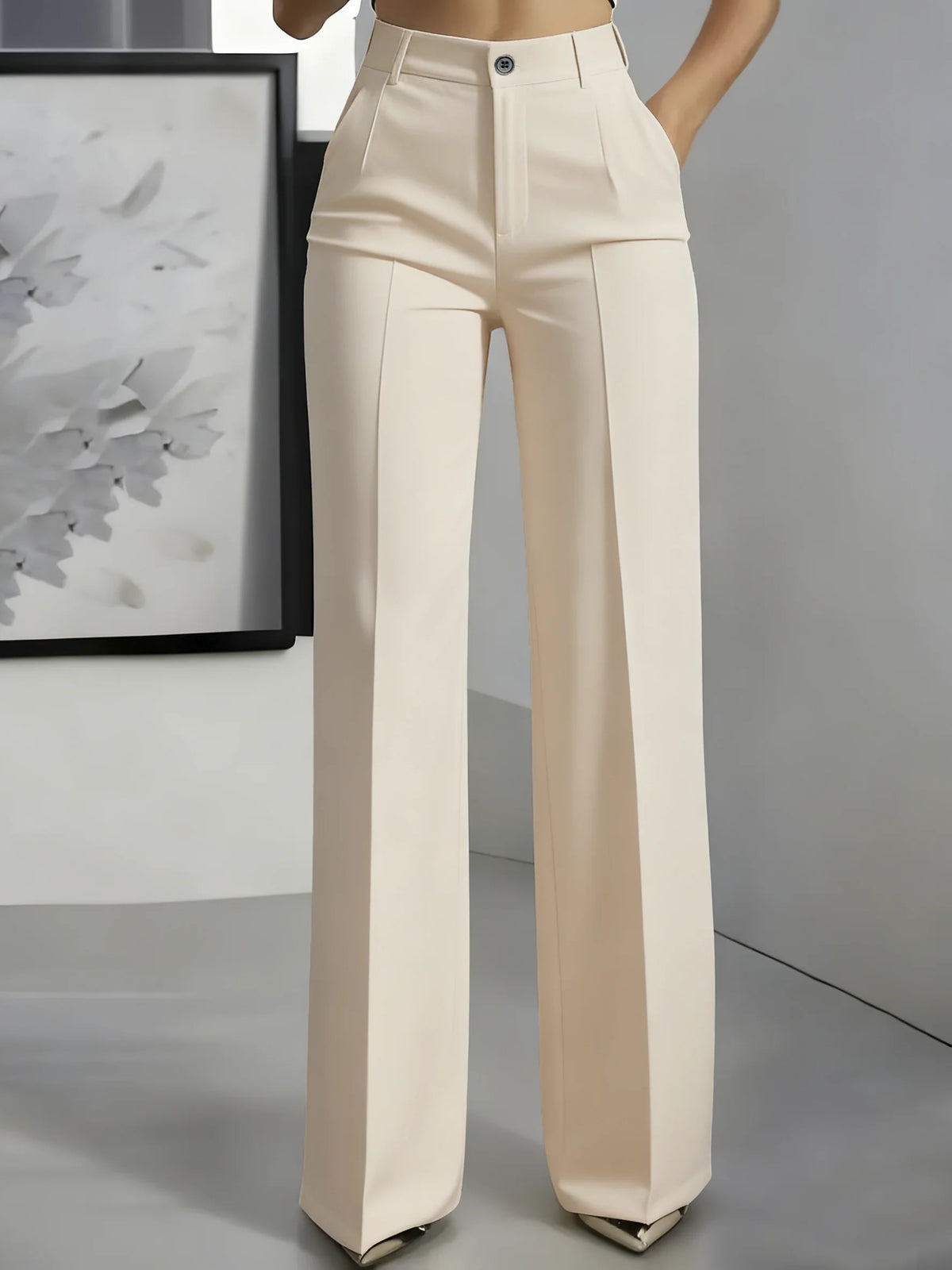 Essential High Waist Tailored Straight Leg Trousers in Cream – view 3