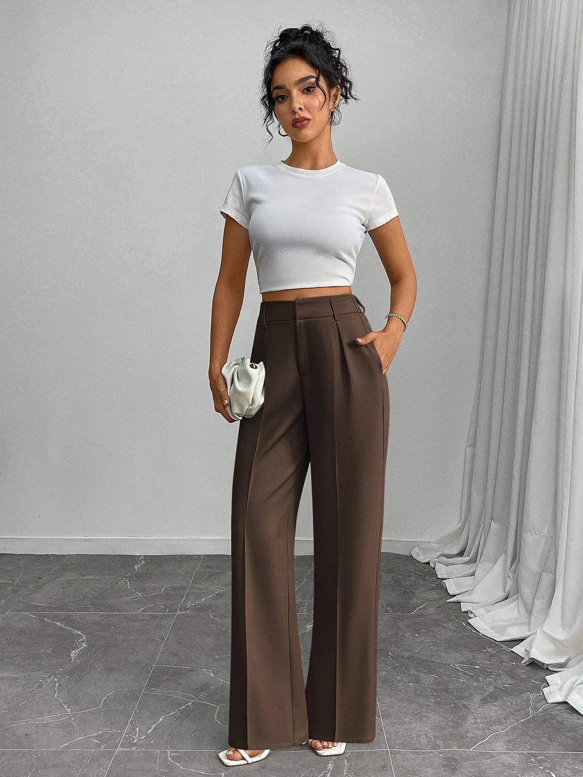 Pleat-Front Palazzo Trousers in Espresso – view 6