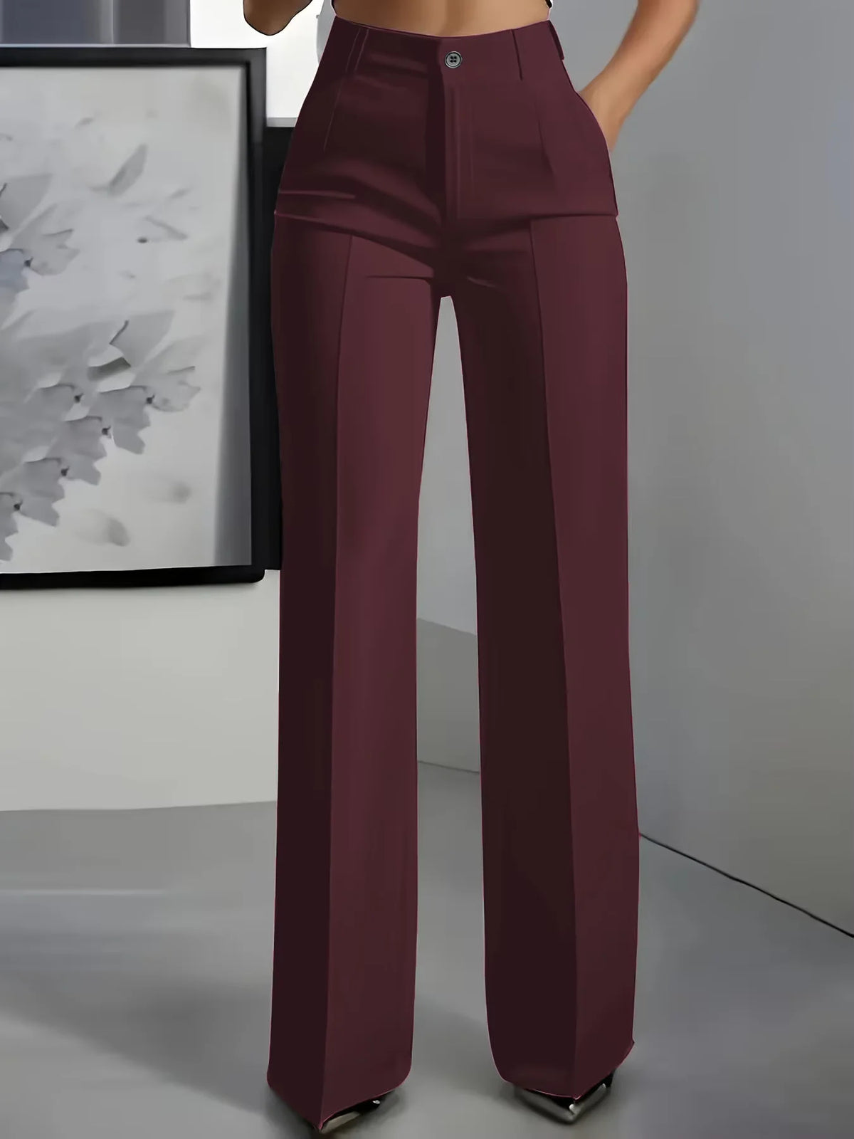 Essential High Waist Tailored Straight Leg Trousers in Burgundy