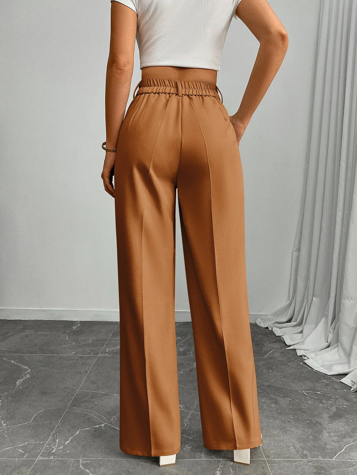 Pleat-Front Palazzo Trousers in Caramel – view 3