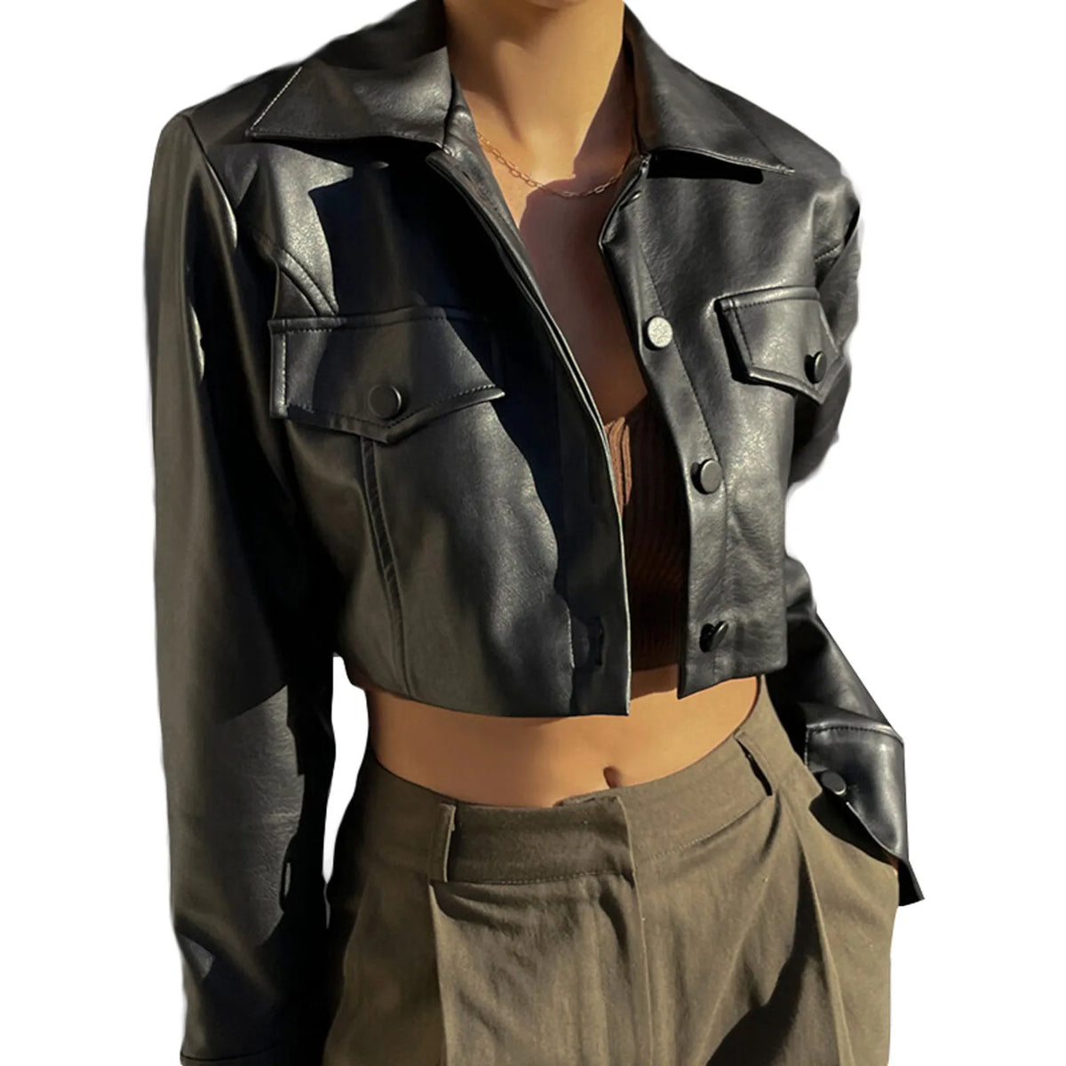 Essential Cropped Faux Leather Button-Up Jacket – view 9