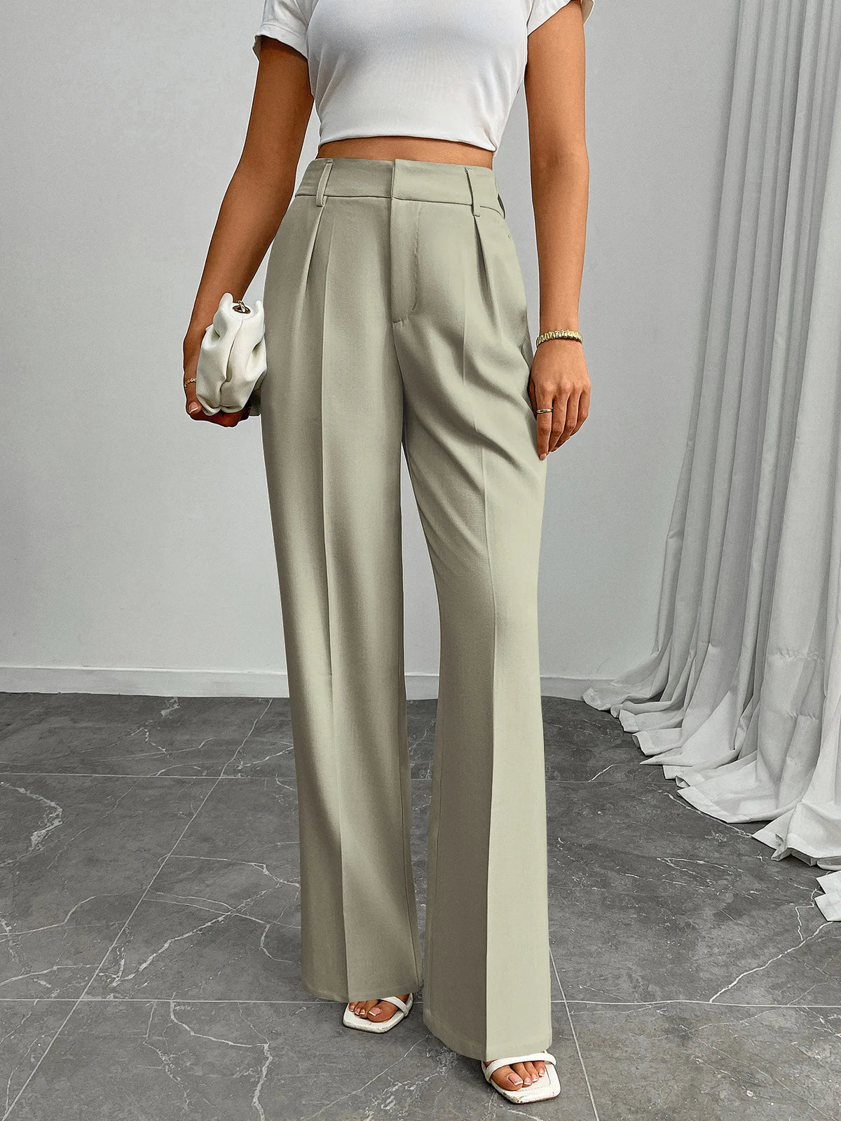 Pleat-Front Palazzo Trousers in Sage – view 2
