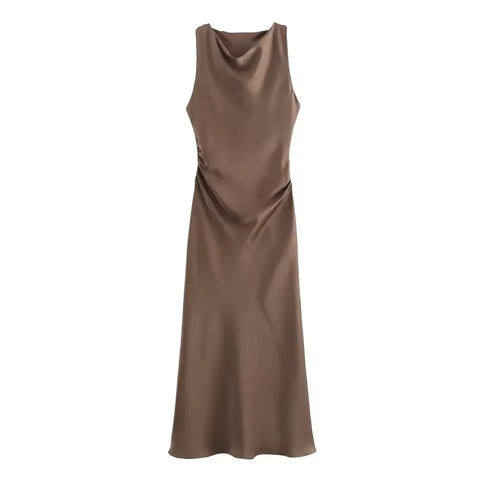 Signature Satin Cowl Neck Ruched Maxi Dress in Mocha