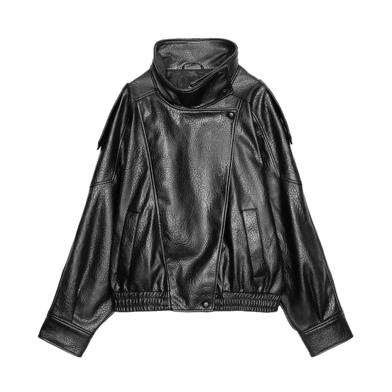 Signature Oversized Faux Leather Moto Jacket in Black