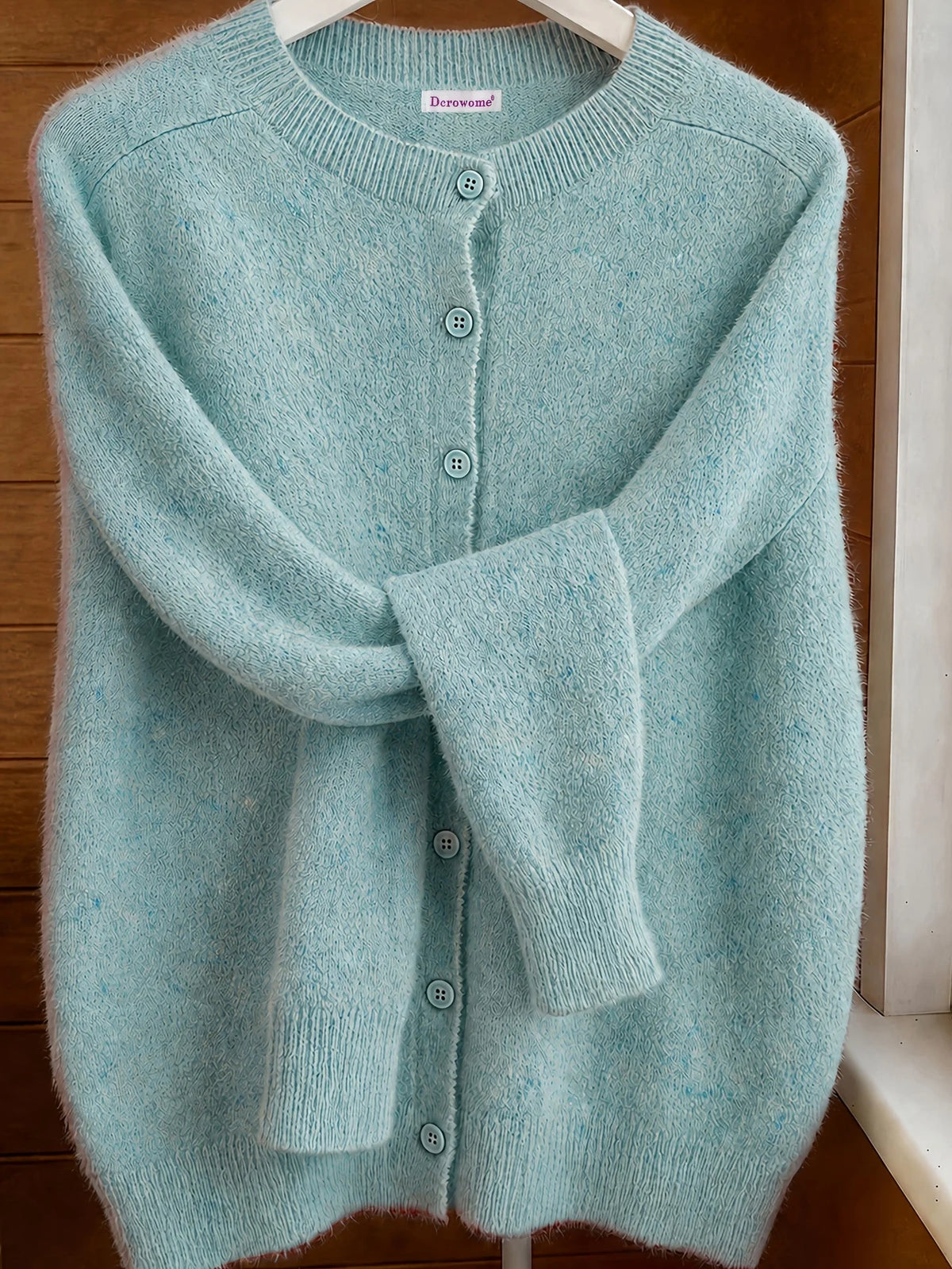 Classic Soft Knit Crew Neck Button Cardigan in Mint – view 5
