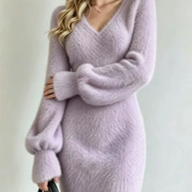 Signature Fuzzy Knit V-Neck Mini Sweater Dress in Lavender – view 2