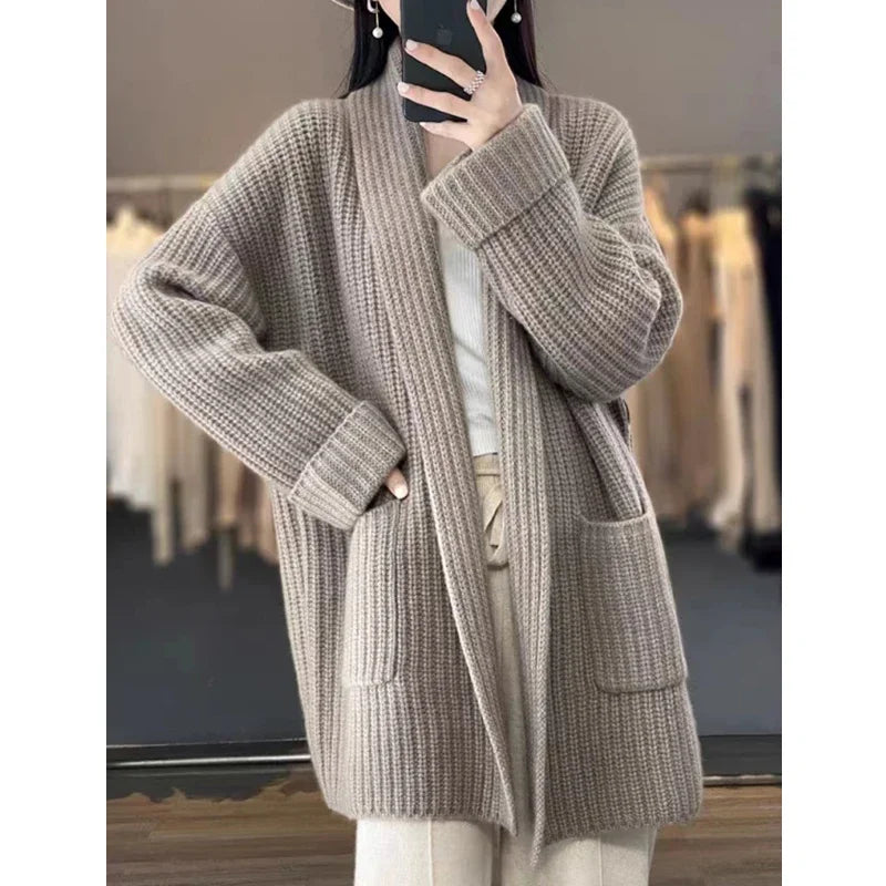 Classic Oversized Ribbed Knit Long Cardigan in Taupe