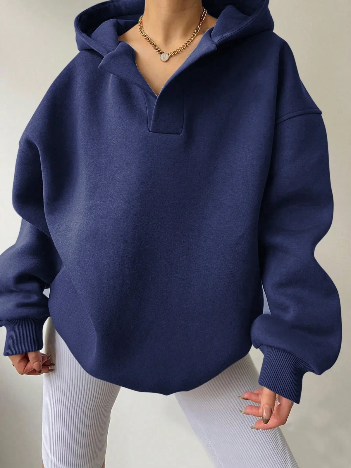 Signature Oversized Notch Neck Fleece Hoodie in Navy