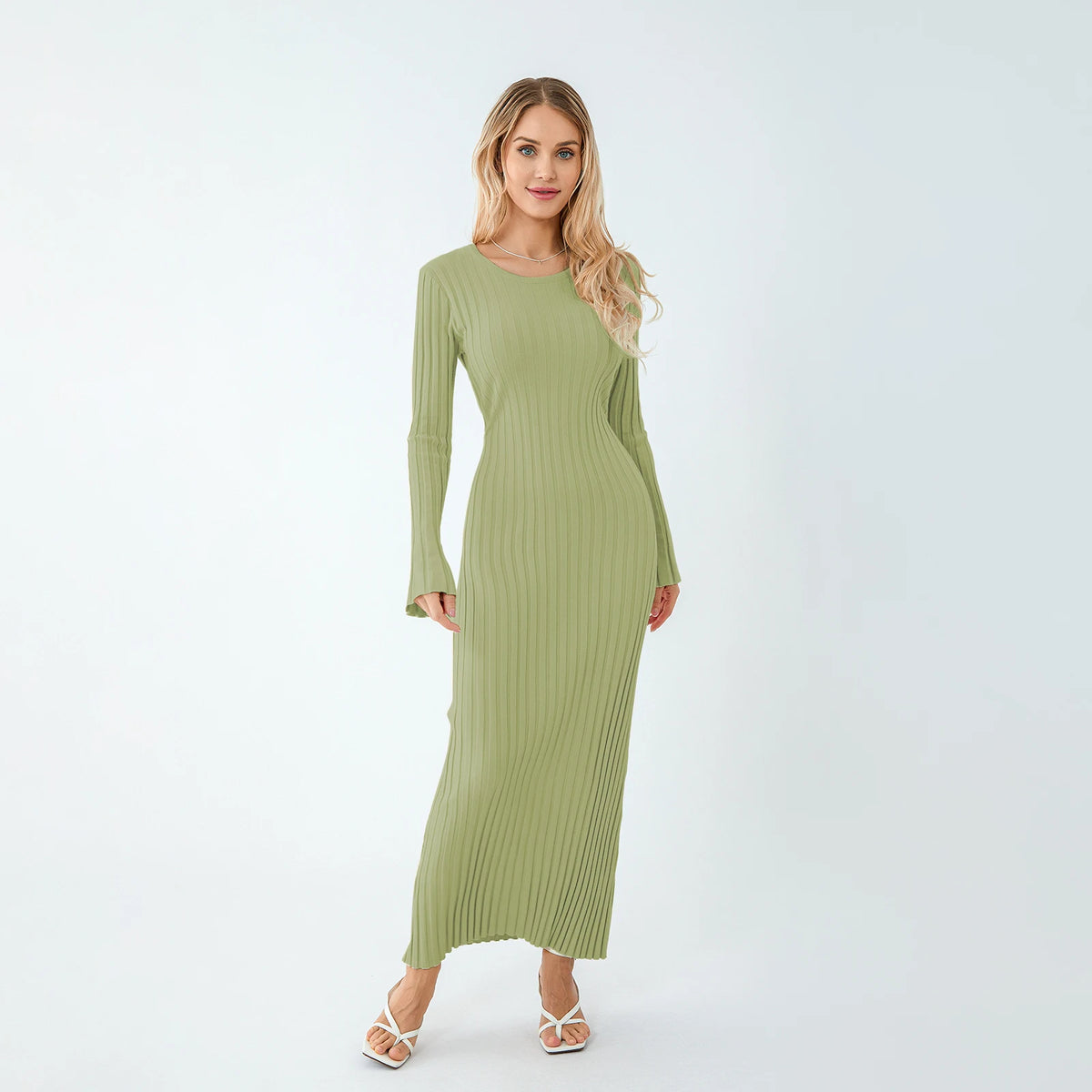 Classic Ribbed Knit Lace-Up Back Maxi Dress in Sage