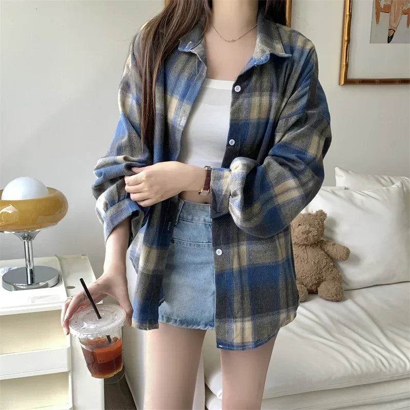 Essential Oversized Plaid Flannel Shirt in Blue & Brown Plaid