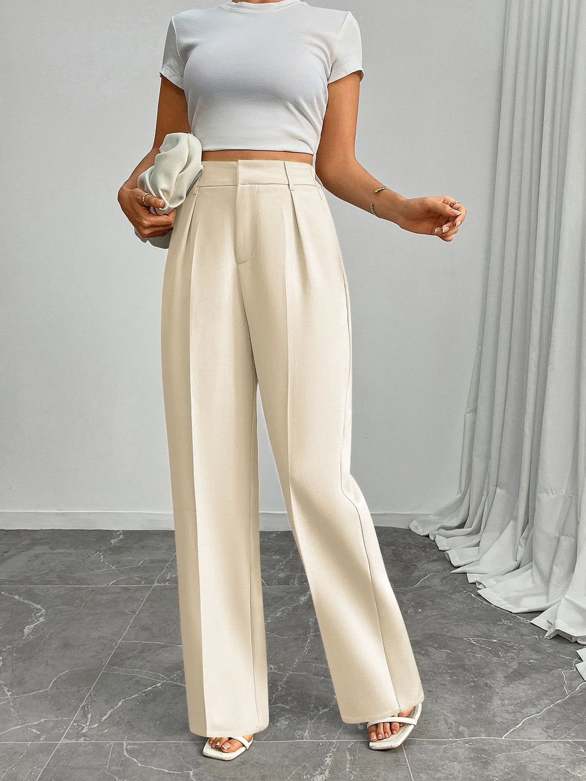 Pleat-Front Palazzo Trousers in Ivory – view 6