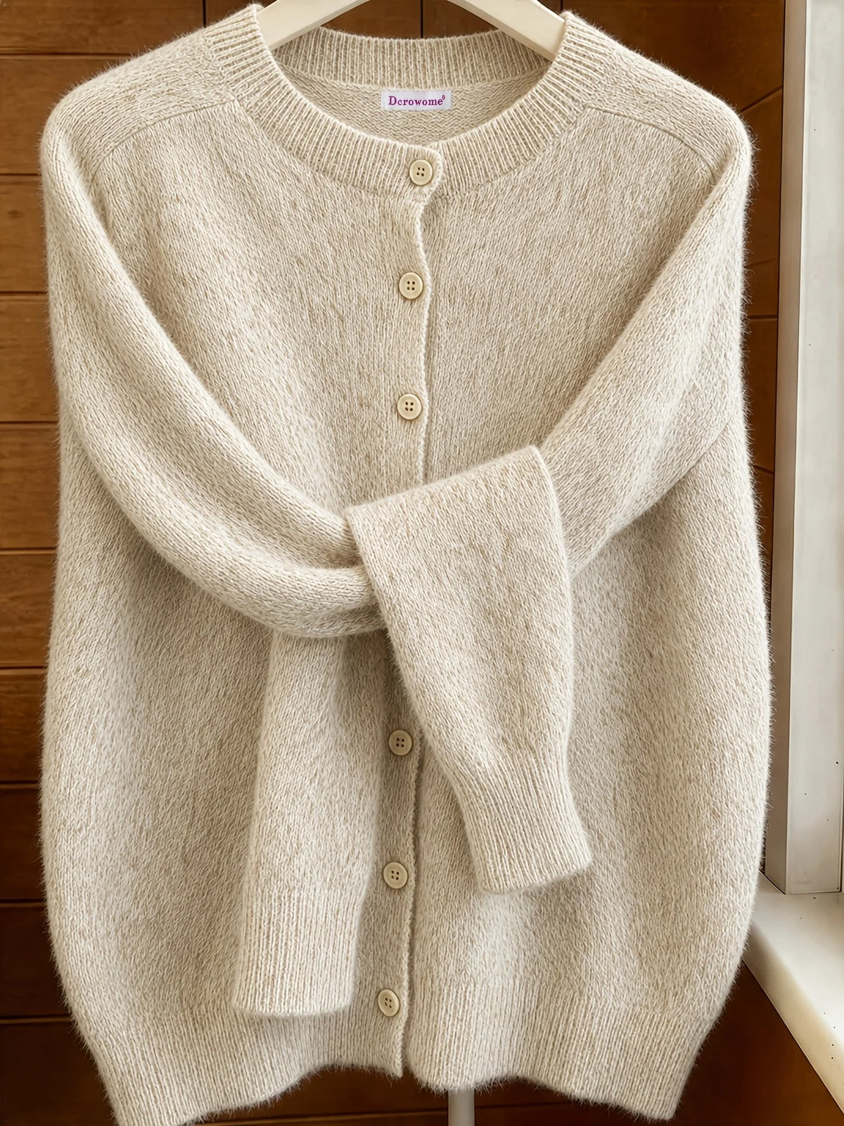 Classic Soft Knit Crew Neck Button Cardigan in Oatmeal – view 2