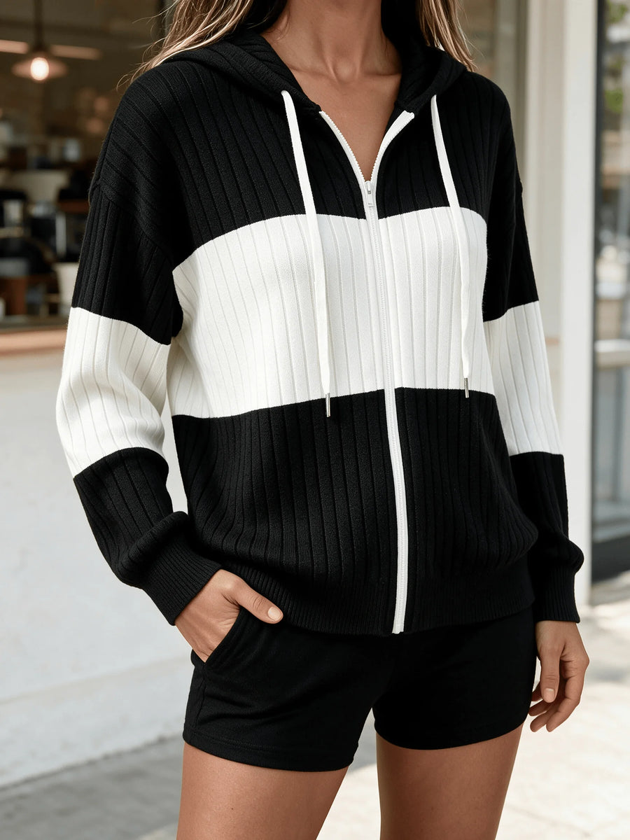 Essential Color-Block Zip-Up Knit Hoodie Cardigan in Black