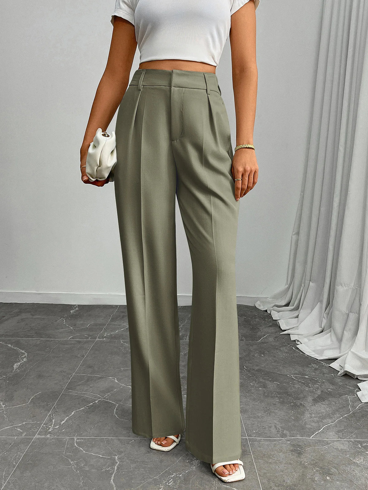 Pleat-Front Palazzo Trousers in Olive – view 2