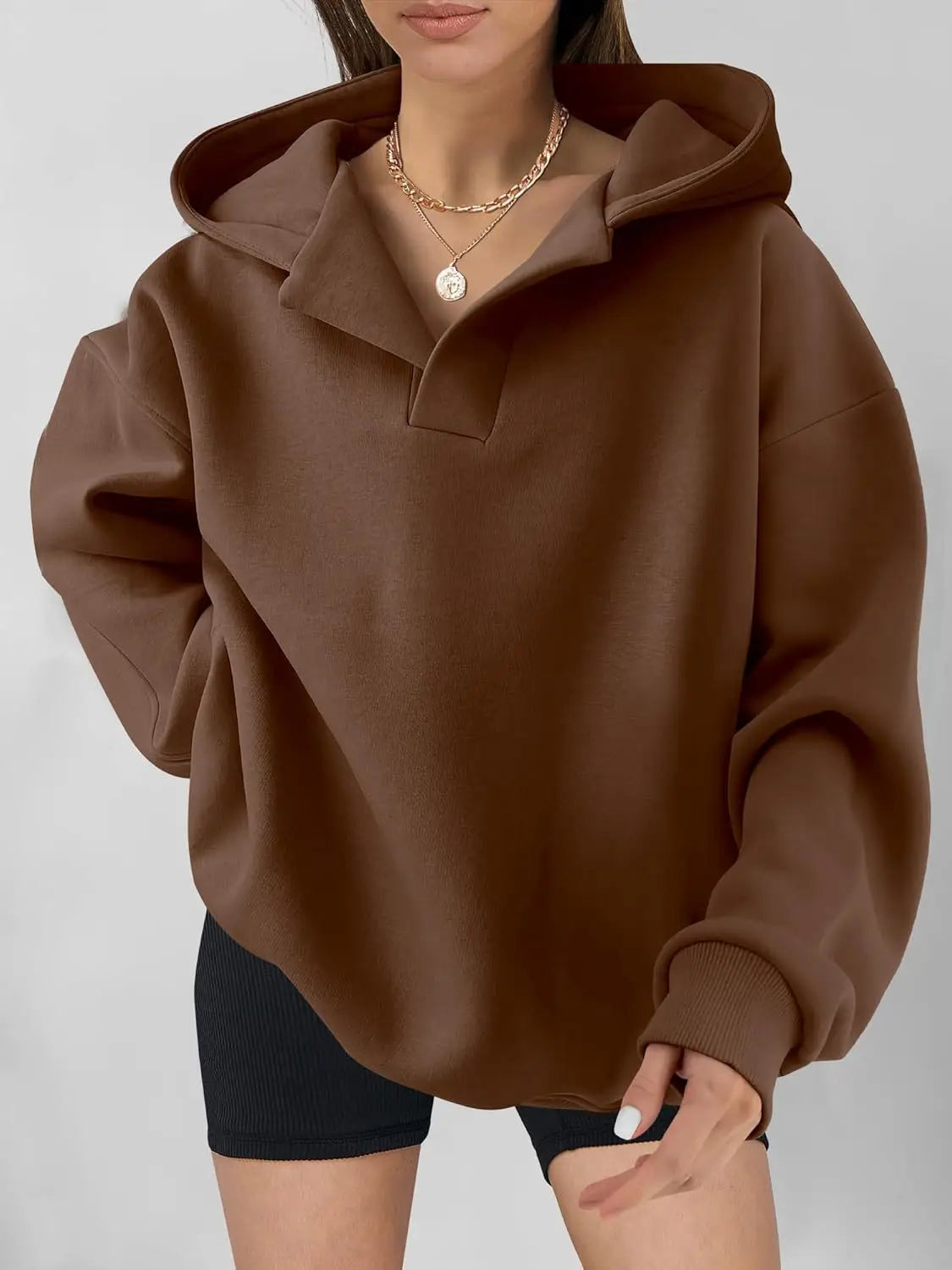 Signature Oversized Notch Neck Fleece Hoodie in Brown