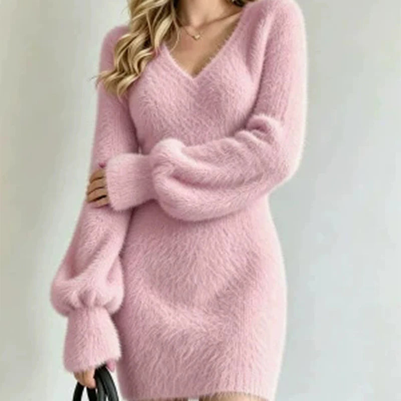 Signature Fuzzy Knit V-Neck Mini Sweater Dress in Pink – view 2