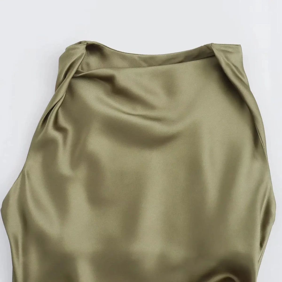 Signature Satin Cowl Neck Ruched Maxi Dress in Olive – view 5